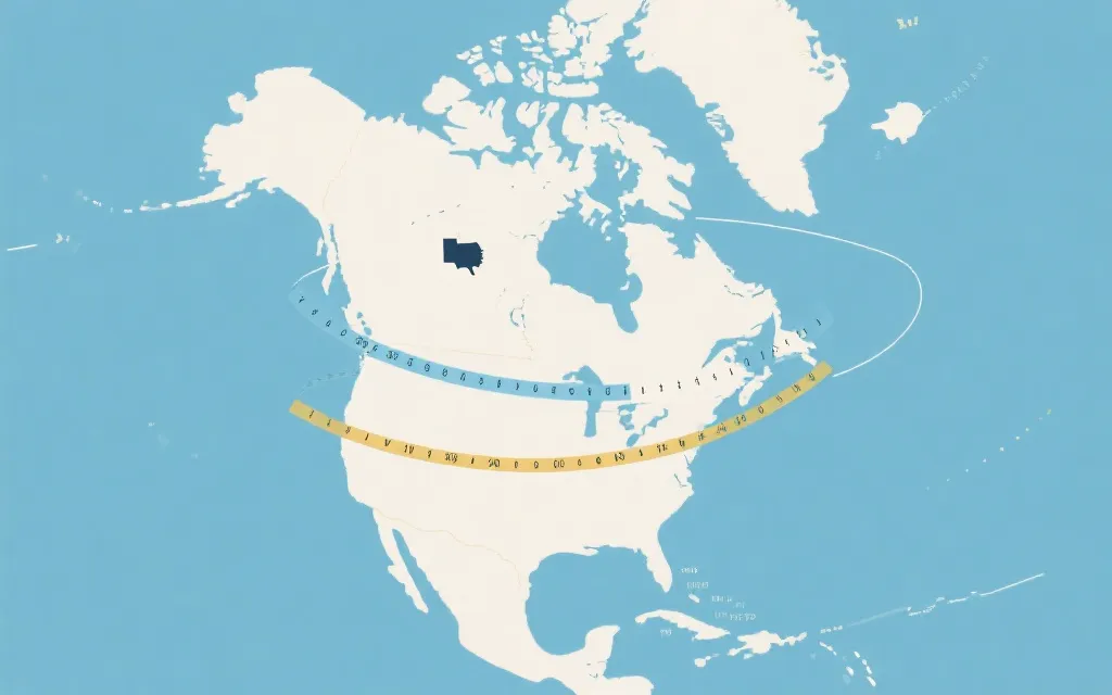 北美地图风格插画:三国联办跨时区与多城市旅行路线示意